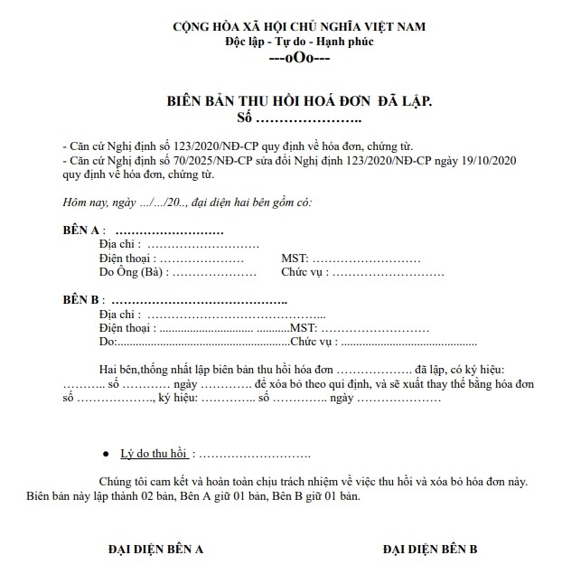 Mẫu biên bản thu hồi hóa đơn