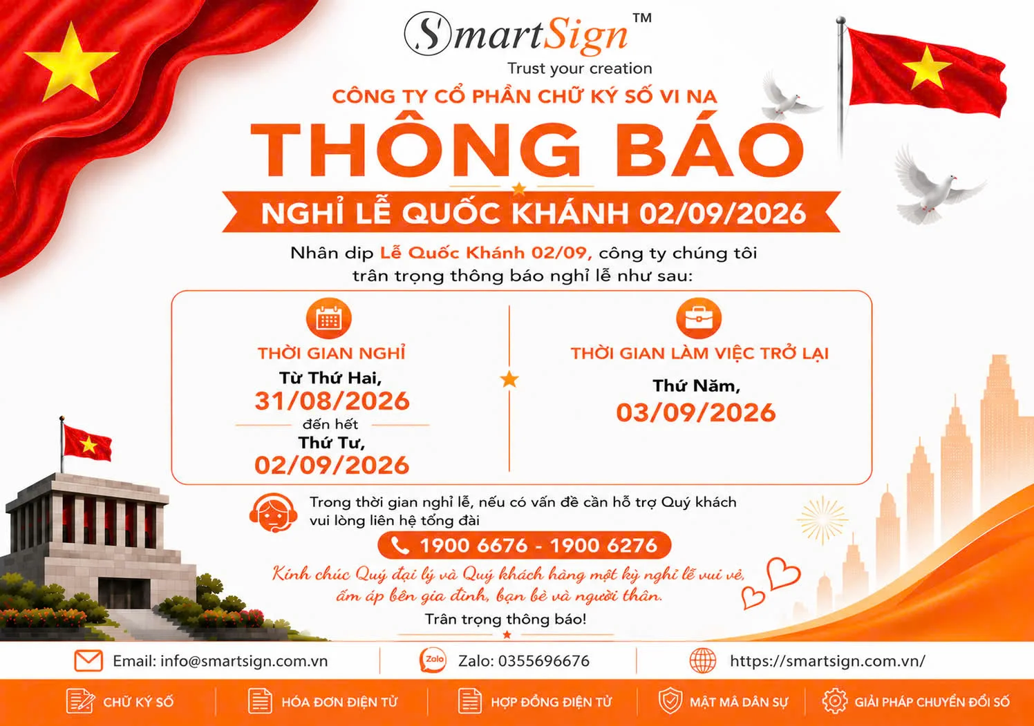 Thông báo nghỉ lễ Quốc khánh 02/09/2026